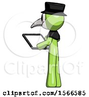 Green Plague Doctor Man Looking At Tablet Device Computer With Back To Viewer