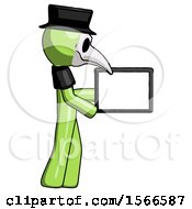 Poster, Art Print Of Green Plague Doctor Man Show Tablet Device Computer To Viewer Blank Area
