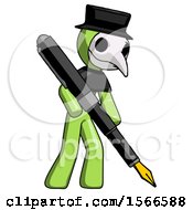 Poster, Art Print Of Green Plague Doctor Man Drawing Or Writing With Large Calligraphy Pen