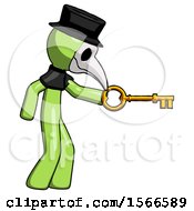 Poster, Art Print Of Green Plague Doctor Man With Big Key Of Gold Opening Something
