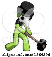 Poster, Art Print Of Green Plague Doctor Man Hitting With Sledgehammer Or Smashing Something At Angle