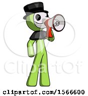 Poster, Art Print Of Green Plague Doctor Man Shouting Into Megaphone Bullhorn Facing Right