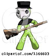 Green Plague Doctor Man Broom Fighter Defense Pose