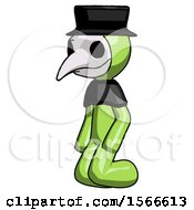 Green Plague Doctor Man Kneeling Angle View Left