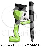 Poster, Art Print Of Green Plague Doctor Man Posing With Giant Pen In Powerful Yet Awkward Manner