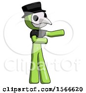 Green Plague Doctor Man Presenting Something To His Left