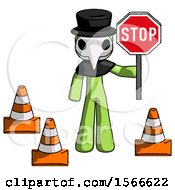 Poster, Art Print Of Green Plague Doctor Man Holding Stop Sign By Traffic Cones Under Construction Concept