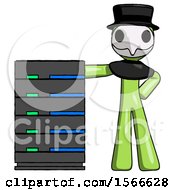 Poster, Art Print Of Green Plague Doctor Man With Server Rack Leaning Confidently Against It