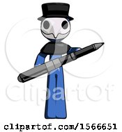 Blue Plague Doctor Man Posing Confidently With Giant Pen