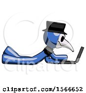 Poster, Art Print Of Blue Plague Doctor Man Using Laptop Computer While Lying On Floor Side View