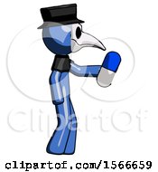 Poster, Art Print Of Blue Plague Doctor Man Holding Blue Pill Walking To Right