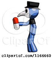 Poster, Art Print Of Blue Plague Doctor Man Holding Red Pill Walking To Left