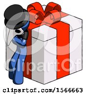 Poster, Art Print Of Blue Plague Doctor Man Leaning On Gift With Red Bow Angle View