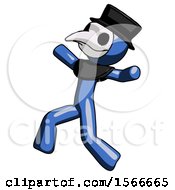 Poster, Art Print Of Blue Plague Doctor Man Running Away In Hysterical Panic Direction Left