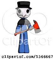 Poster, Art Print Of Blue Plague Doctor Man Holding Red Fire Fighters Ax