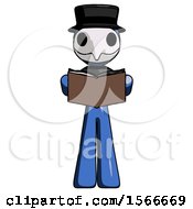 Blue Plague Doctor Man Reading Book While Standing Up Facing Viewer