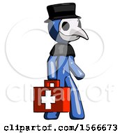 Blue Plague Doctor Man Walking With Medical Aid Briefcase To Right