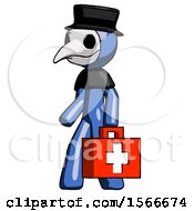 Poster, Art Print Of Blue Plague Doctor Man Walking With Medical Aid Briefcase To Left