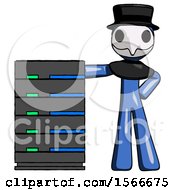 Poster, Art Print Of Blue Plague Doctor Man With Server Rack Leaning Confidently Against It
