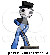 Blue Plague Doctor Man Cleaning Services Janitor Sweeping Floor With Push Broom