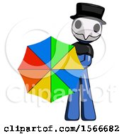 Poster, Art Print Of Blue Plague Doctor Man Holding Rainbow Umbrella Out To Viewer