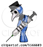 Blue Plague Doctor Man Using Syringe Giving Injection