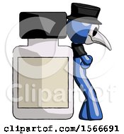 Blue Plague Doctor Man Leaning Against Large Medicine Bottle
