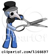 Blue Plague Doctor Man Holding Giant Scissors Cutting Out Something
