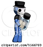 Blue Plague Doctor Man Holding Glass Medicine Bottle