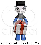 Poster, Art Print Of Blue Plague Doctor Man Gifting Present With Large Bow Front View