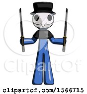 Poster, Art Print Of Blue Plague Doctor Man Posing With Two Ninja Sword Katanas Up