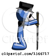 Poster, Art Print Of Blue Plague Doctor Man Kneeling With Ninja Sword Katana Showing Respect
