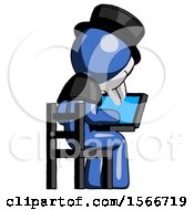 Poster, Art Print Of Blue Plague Doctor Man Using Laptop Computer While Sitting In Chair View From Back