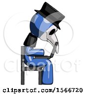 Poster, Art Print Of Blue Plague Doctor Man Using Laptop Computer While Sitting In Chair View From Side