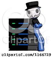 Blue Plague Doctor Man Resting Against Server Rack Viewed At Angle