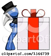 Poster, Art Print Of Blue Plague Doctor Man Gift Concept - Leaning Against Large Present