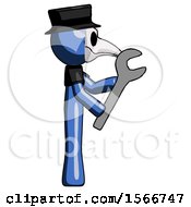 Poster, Art Print Of Blue Plague Doctor Man Using Wrench Adjusting Something To Right
