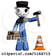 Poster, Art Print Of Blue Plague Doctor Man Under Construction Concept Traffic Cone And Tools