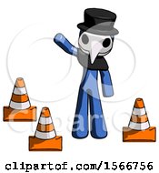 Poster, Art Print Of Blue Plague Doctor Man Standing By Traffic Cones Waving