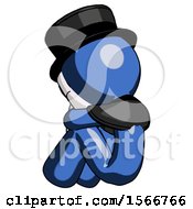 Blue Plague Doctor Man Sitting With Head Down Back View Facing Left