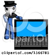 Blue Plague Doctor Man Beside Large Laptop Computer Leaning Against It
