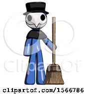 Poster, Art Print Of Blue Plague Doctor Man Standing With Broom Cleaning Services