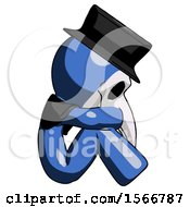 Poster, Art Print Of Blue Plague Doctor Man Sitting With Head Down Facing Sideways Right