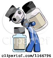 Poster, Art Print Of Blue Plague Doctor Man Holding Large White Medicine Bottle With Bottle In Background