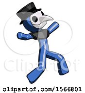 Poster, Art Print Of Blue Plague Doctor Man Running Away In Hysterical Panic Direction Right