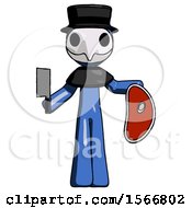Poster, Art Print Of Blue Plague Doctor Man Holding Large Steak With Butcher Knife