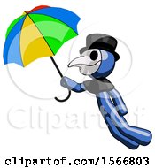 Blue Plague Doctor Man Flying With Rainbow Colored Umbrella