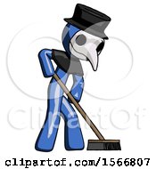 Poster, Art Print Of Blue Plague Doctor Man Cleaning Services Janitor Sweeping Side View