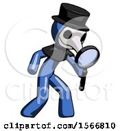 Poster, Art Print Of Blue Plague Doctor Man Inspecting With Large Magnifying Glass Right