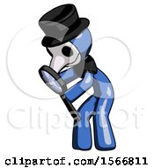 Blue Plague Doctor Man Inspecting With Large Magnifying Glass Left